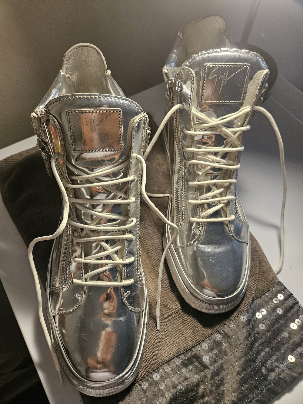 Giuseppe Zanotti Silver Metallic High-Top Sneakers with Side Zips